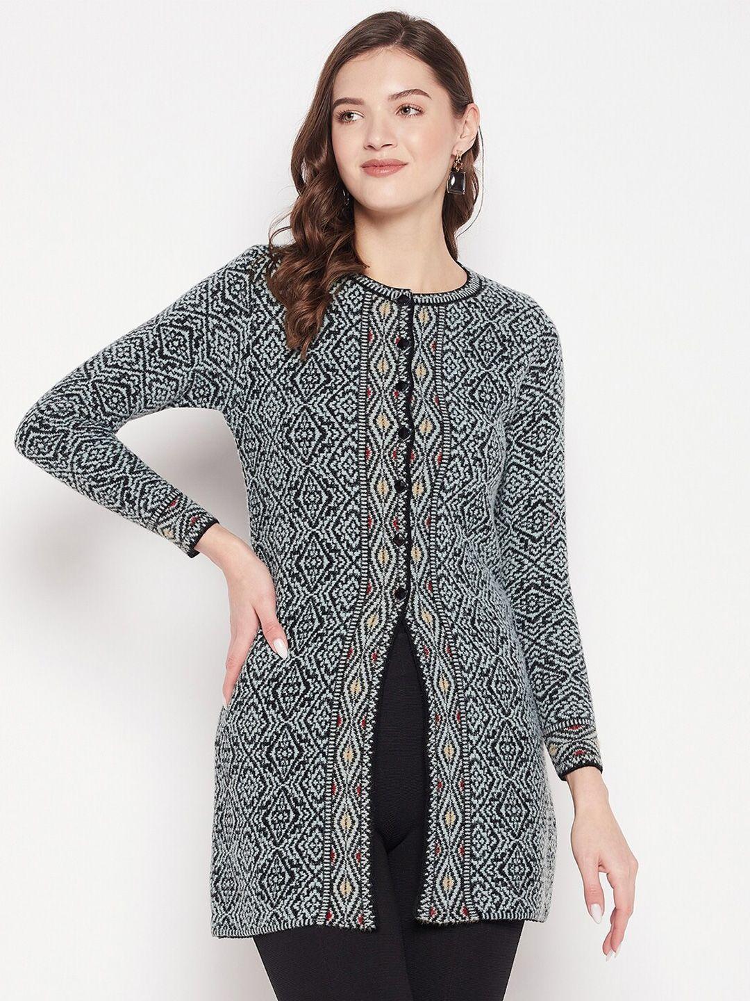 zigo women geometric printed longline wool cardigan