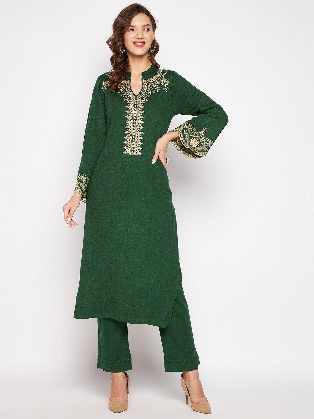 zigo women green embroidered kurta with trousers