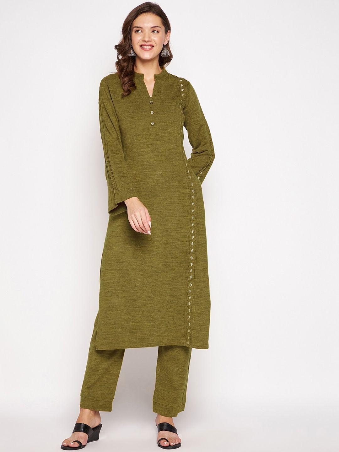 zigo women green embroidered wool blend kurta with trouser