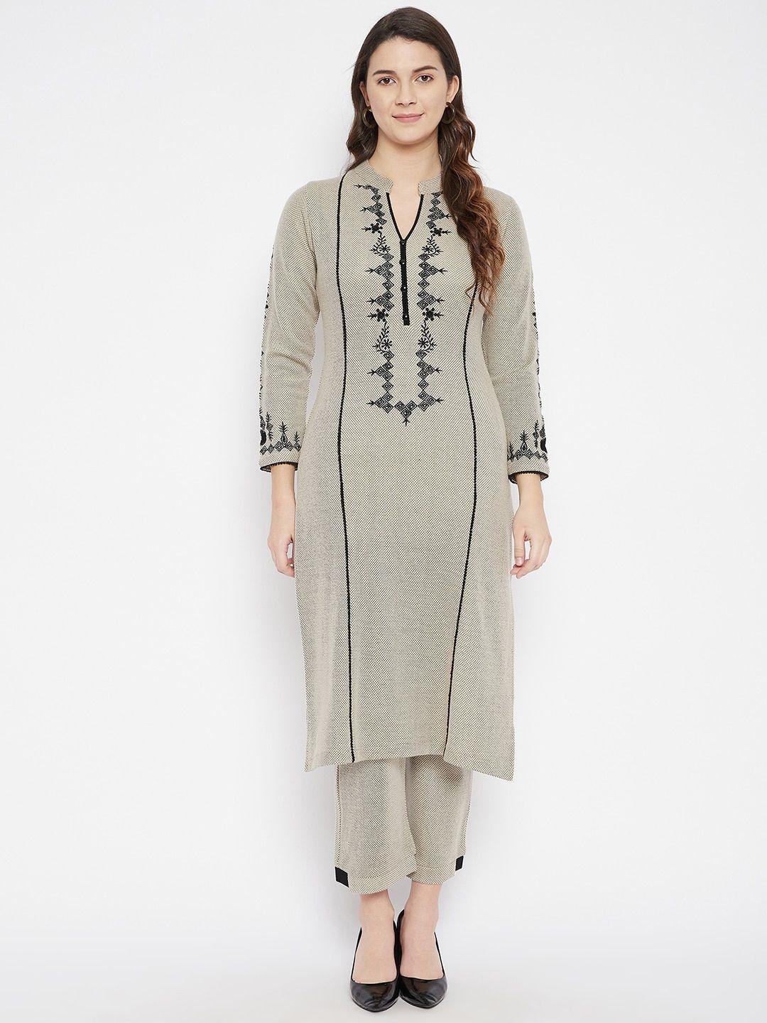 zigo women grey floral embroidered kurta with trousers