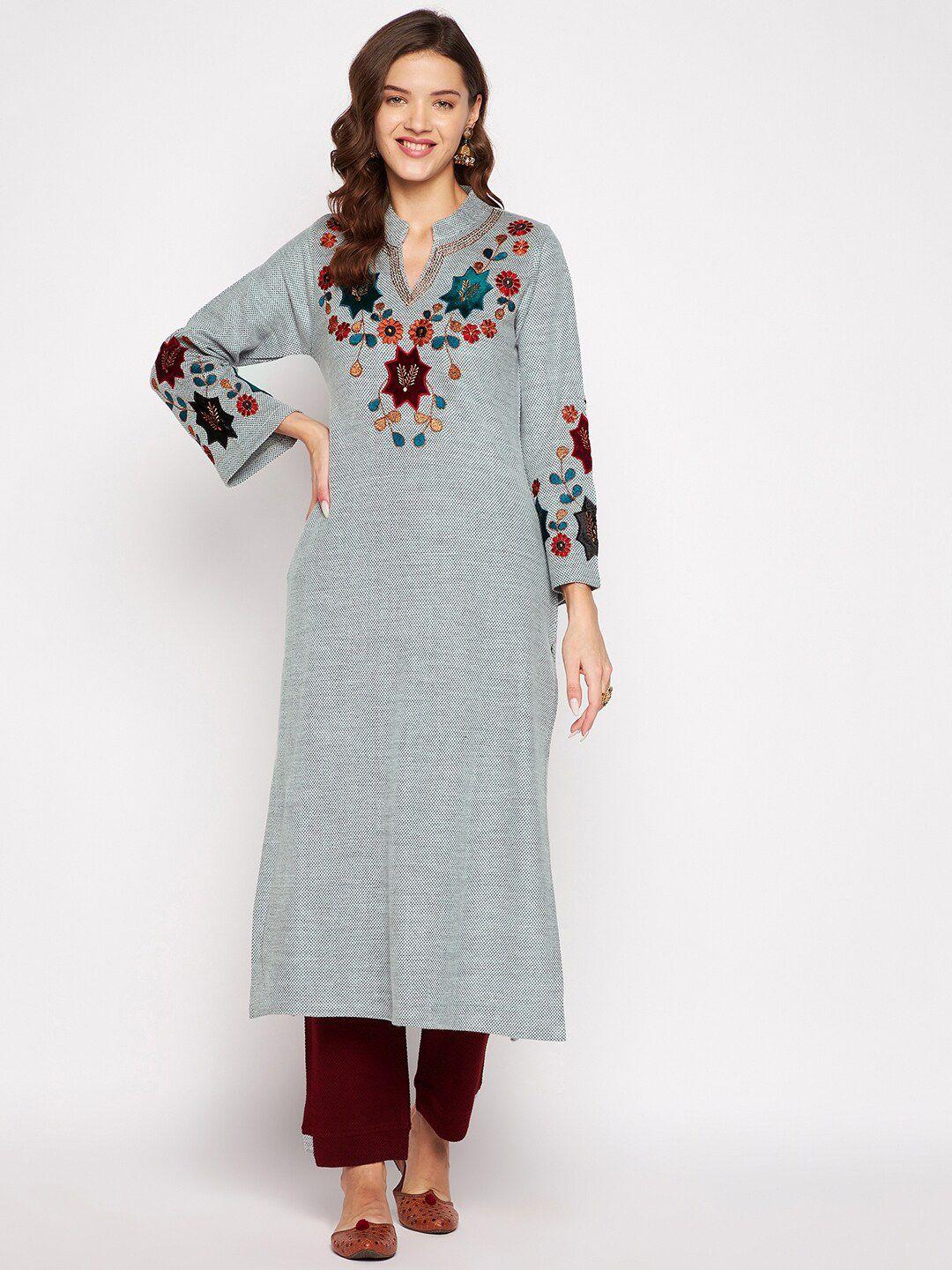 zigo women grey floral embroidered thread work kurta with trousers