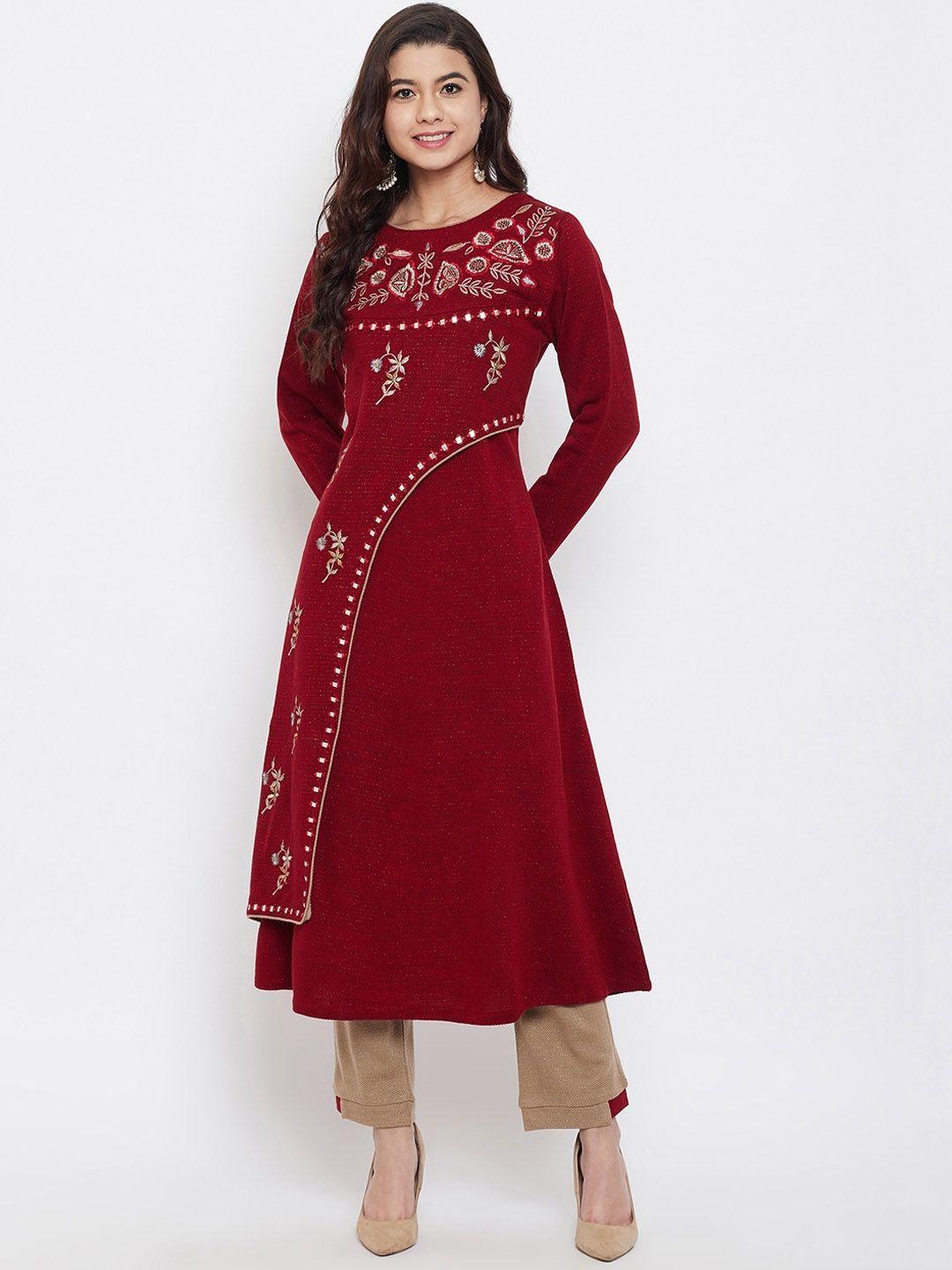 zigo women maroon & beige embroidered kurta with trousers