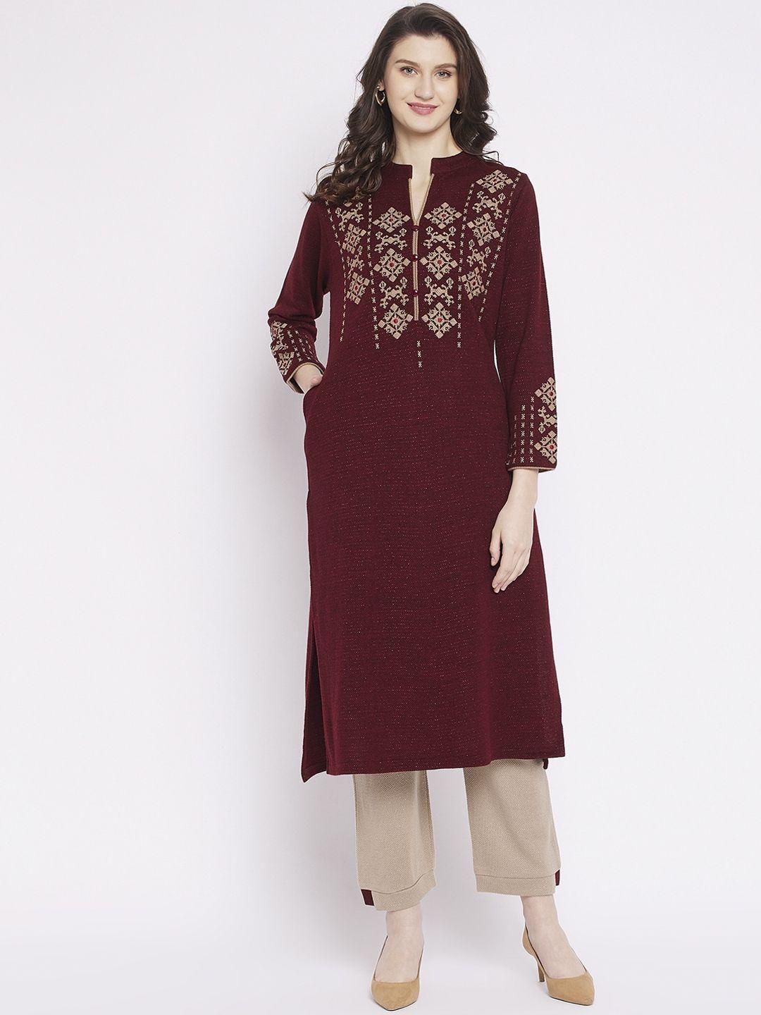 zigo women maroon yoke design panelled kurta with trousers