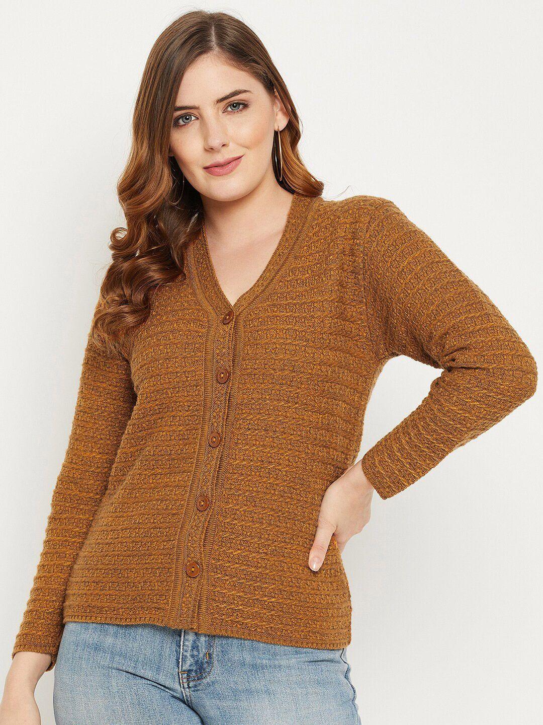 zigo women mustard self design cable knit wool cardigan sweater