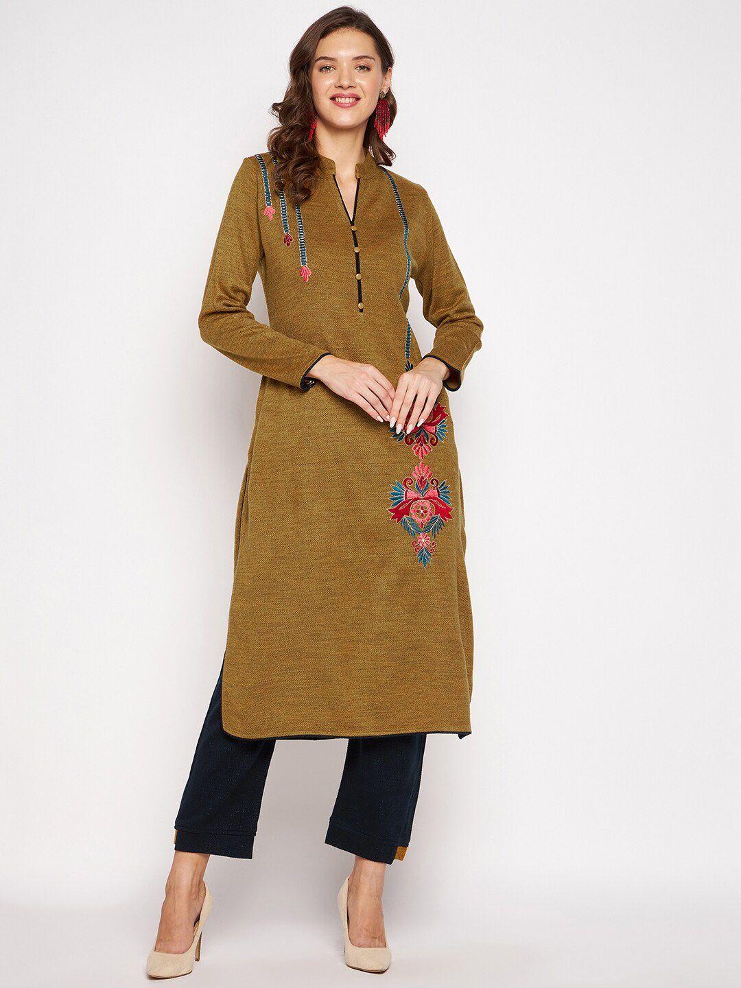 zigo women mustard yellow ethnic motifs embroidered thread work woolen kurta with trouser