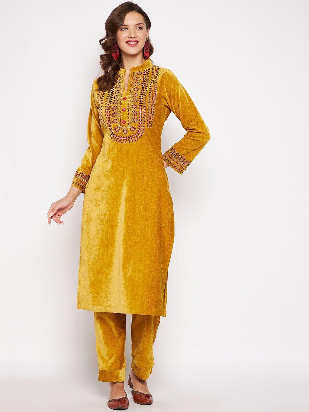 zigo women mustard yellow floral embroidered thread work velvet kurta with trousers