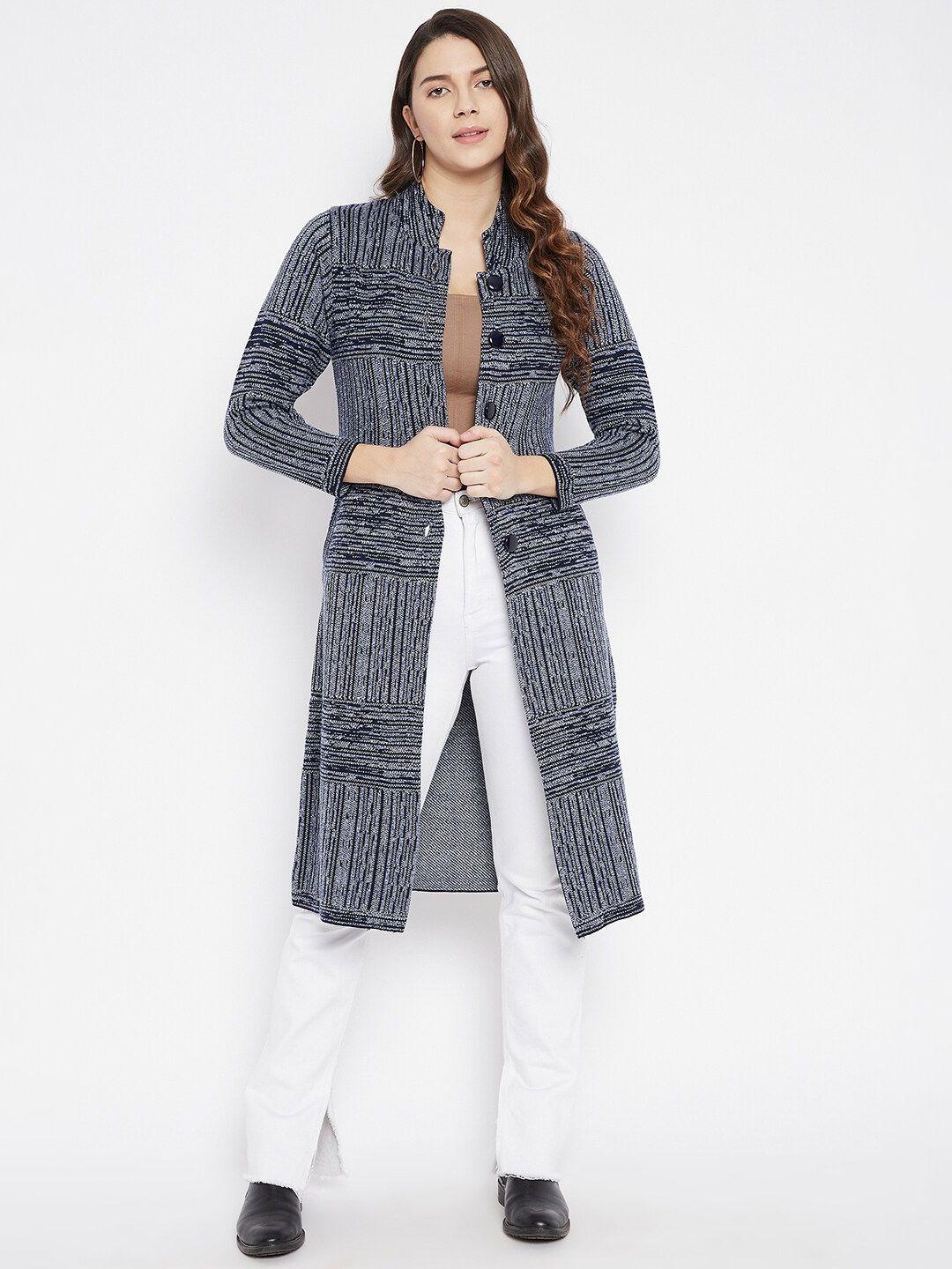 zigo women navy blue self design wool longline cardigan