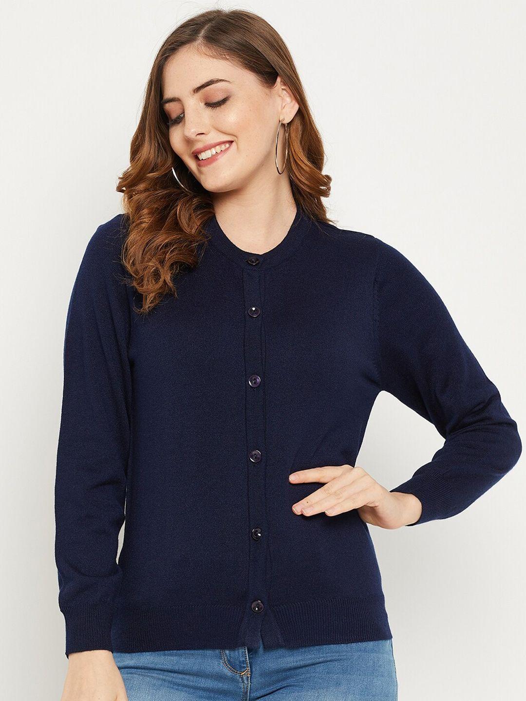 zigo women navy blue solid wool cardigan sweater