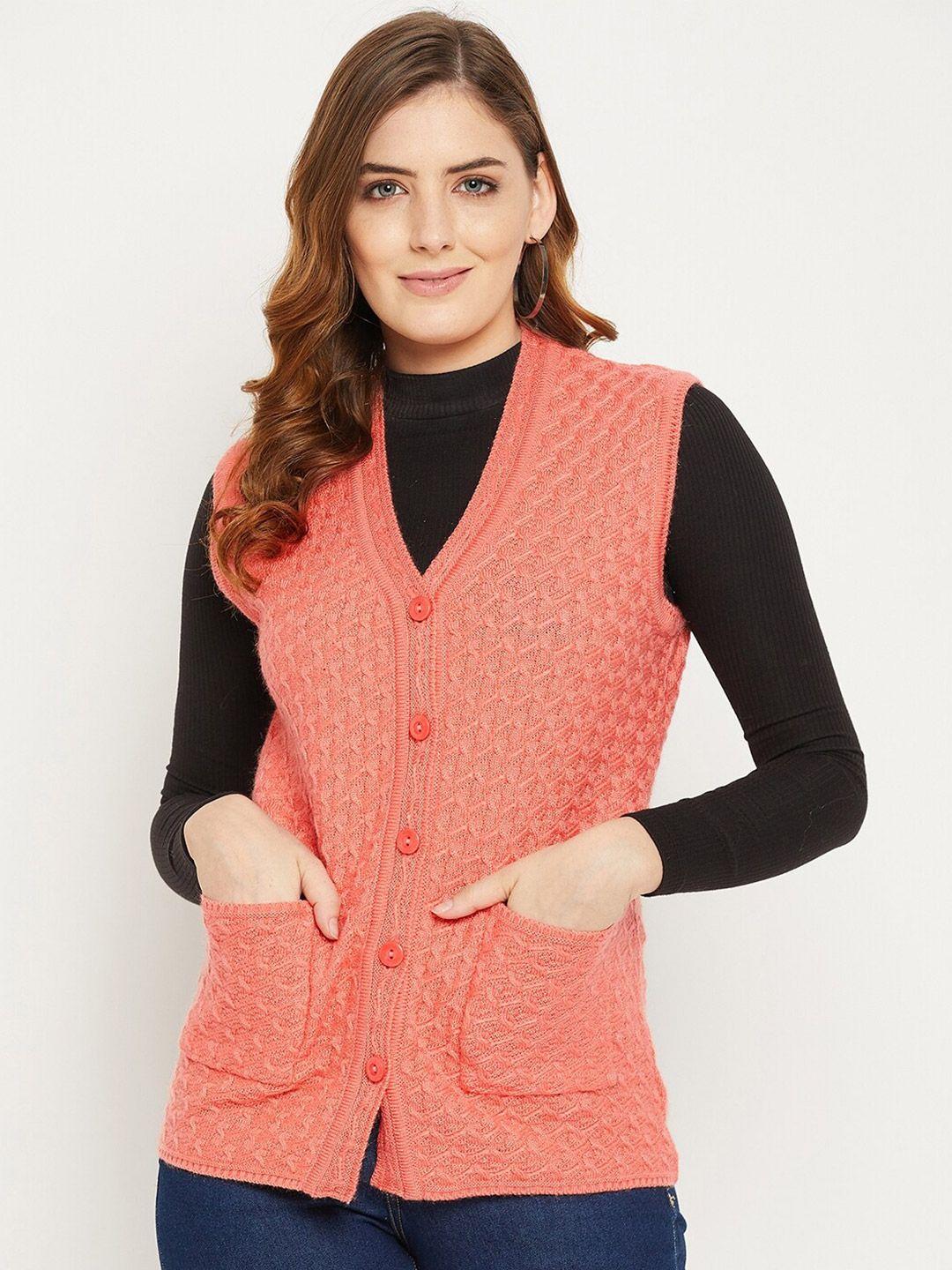 zigo women peach-coloured self design cable knit wool cardigan sweater