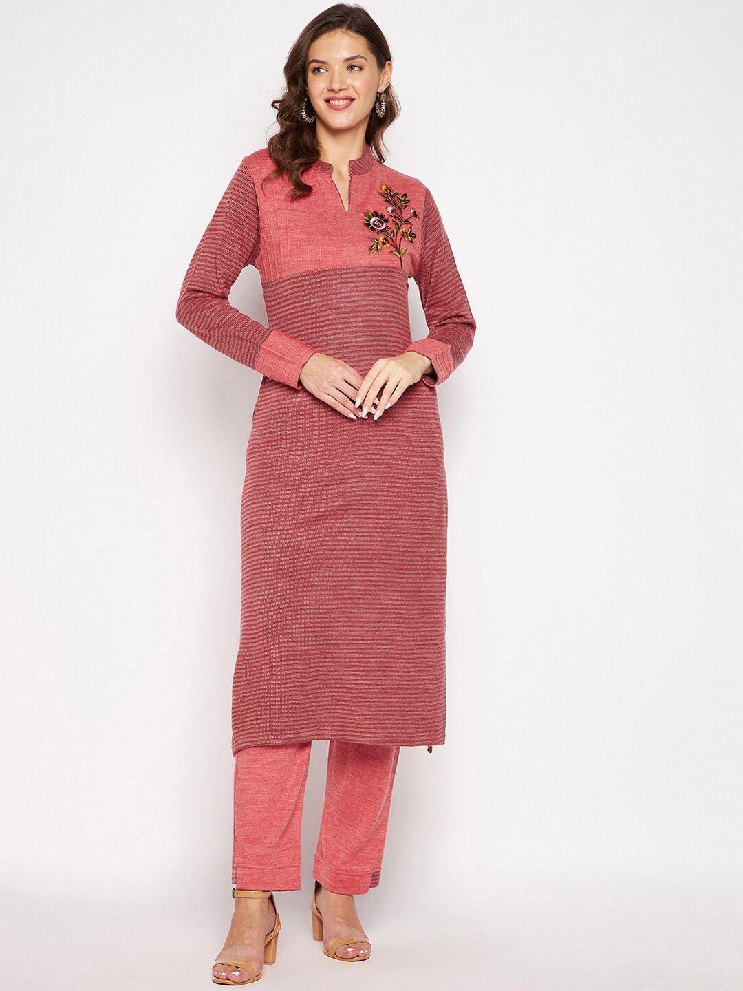 zigo women pink embroidered wool straight kurta with trousers