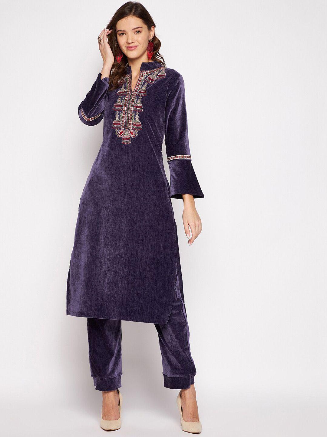 zigo women purple ethnic motifs embroidered velvet kurta with trouser