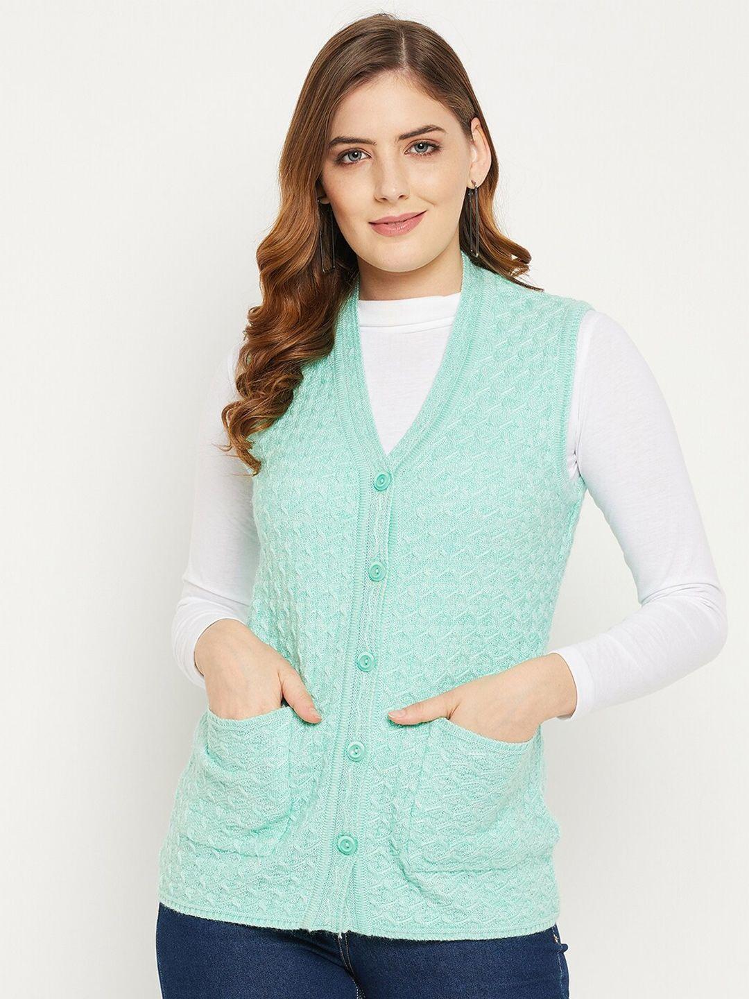 zigo women sea green self design cable knit wool cardigan sweater