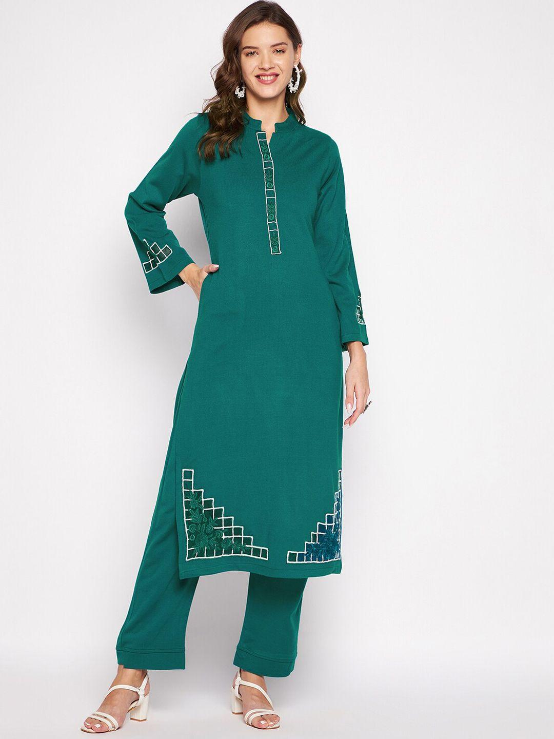 zigo women teal green floral embroidered thread work woolen kurta with trouser