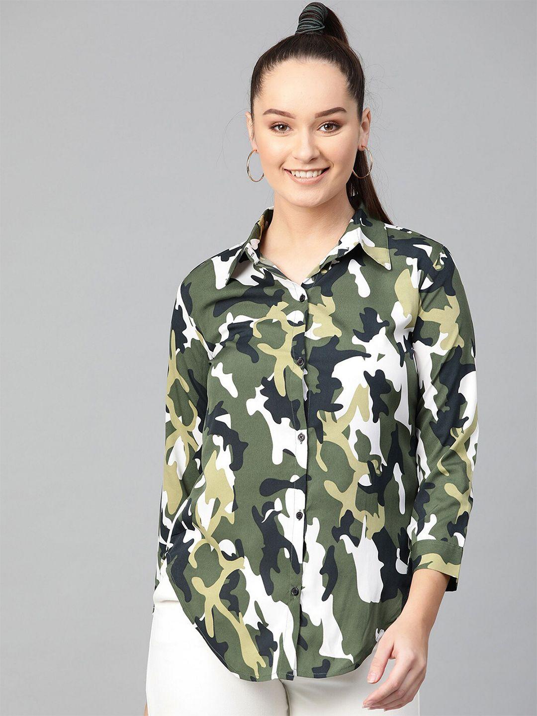 zima leto green & white camouflage printed crepe shirt style top
