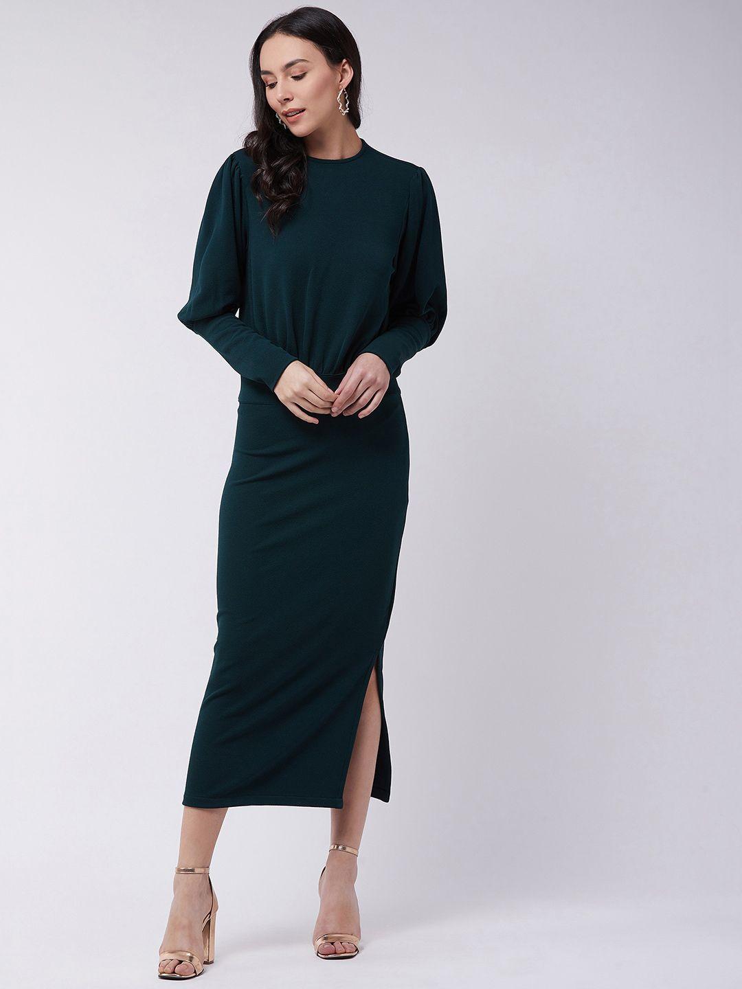 zima leto round neck cuffed sleeves midi jumper dress