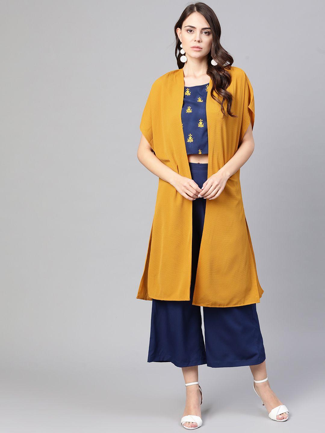 zima leto women navy blue & mustard yellow embroidered top with culottes & shrug