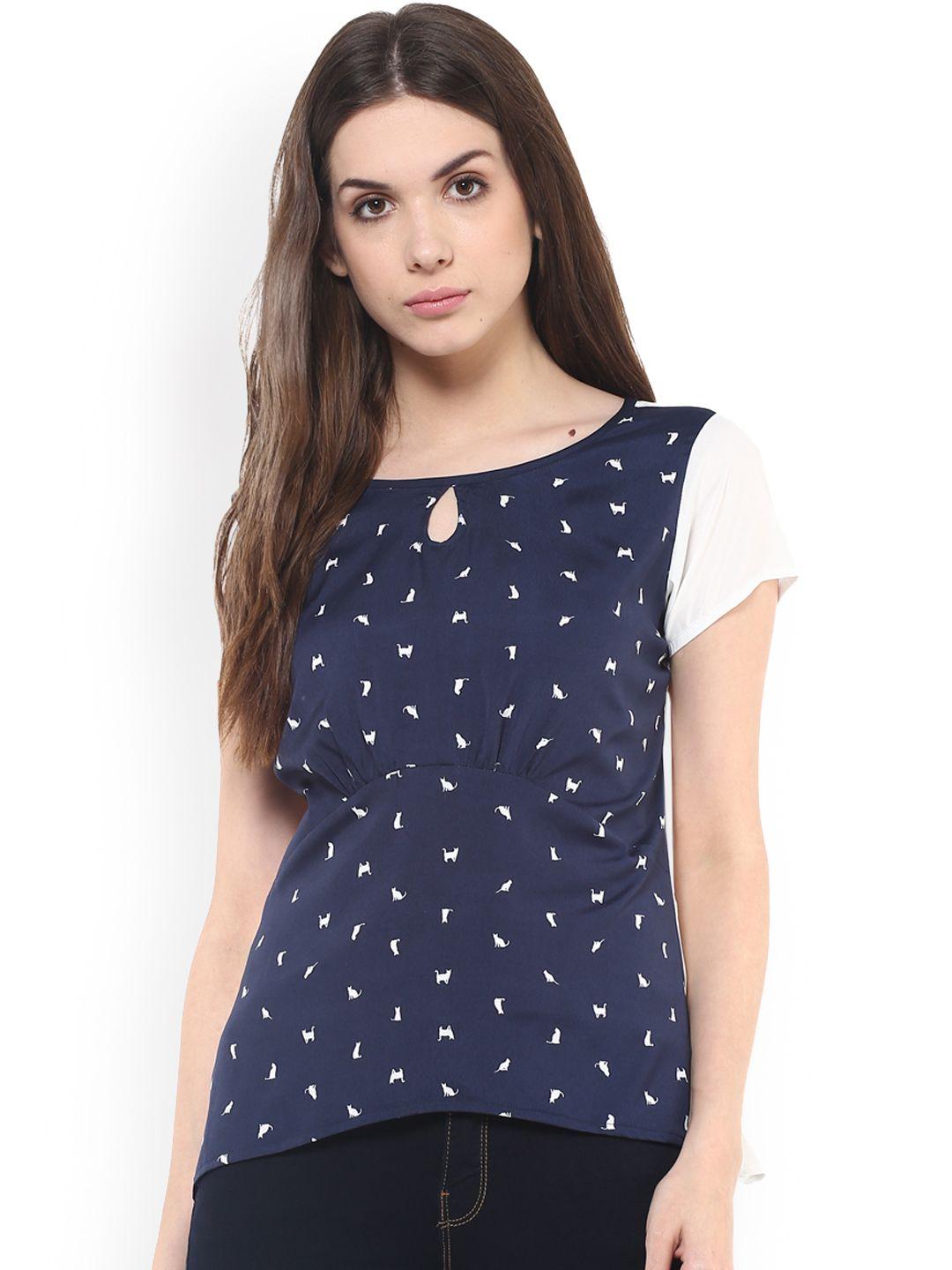 zima leto women navy blue & white printed cinched waist top