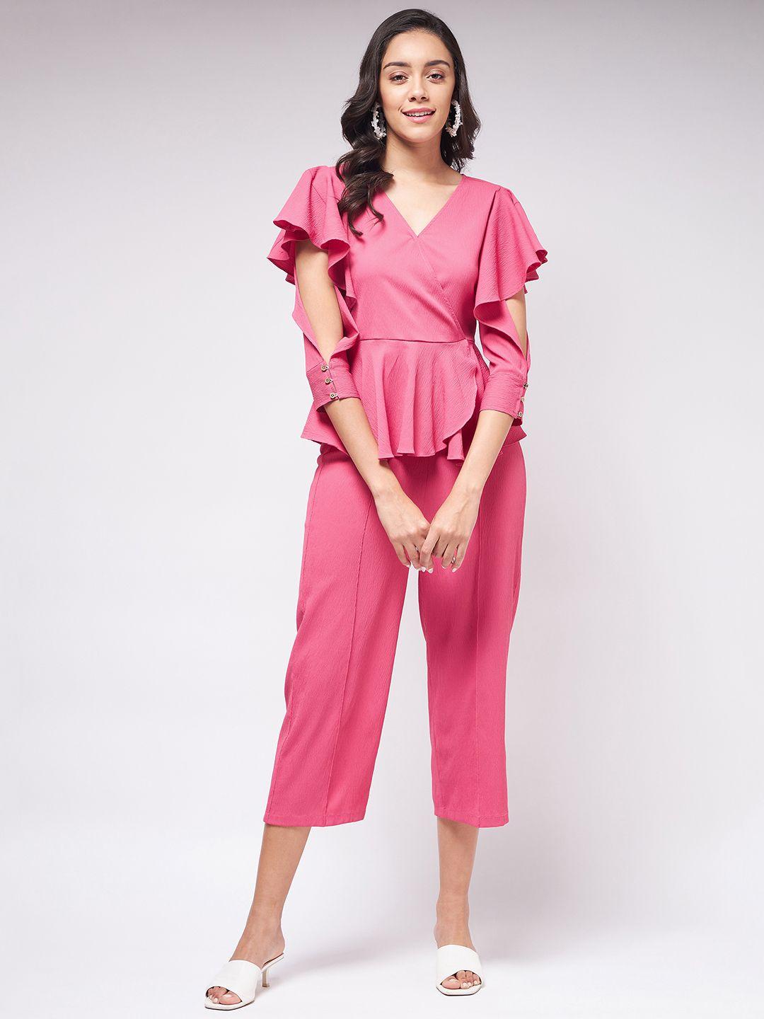zima leto women pink  solid top & trouser co-ords