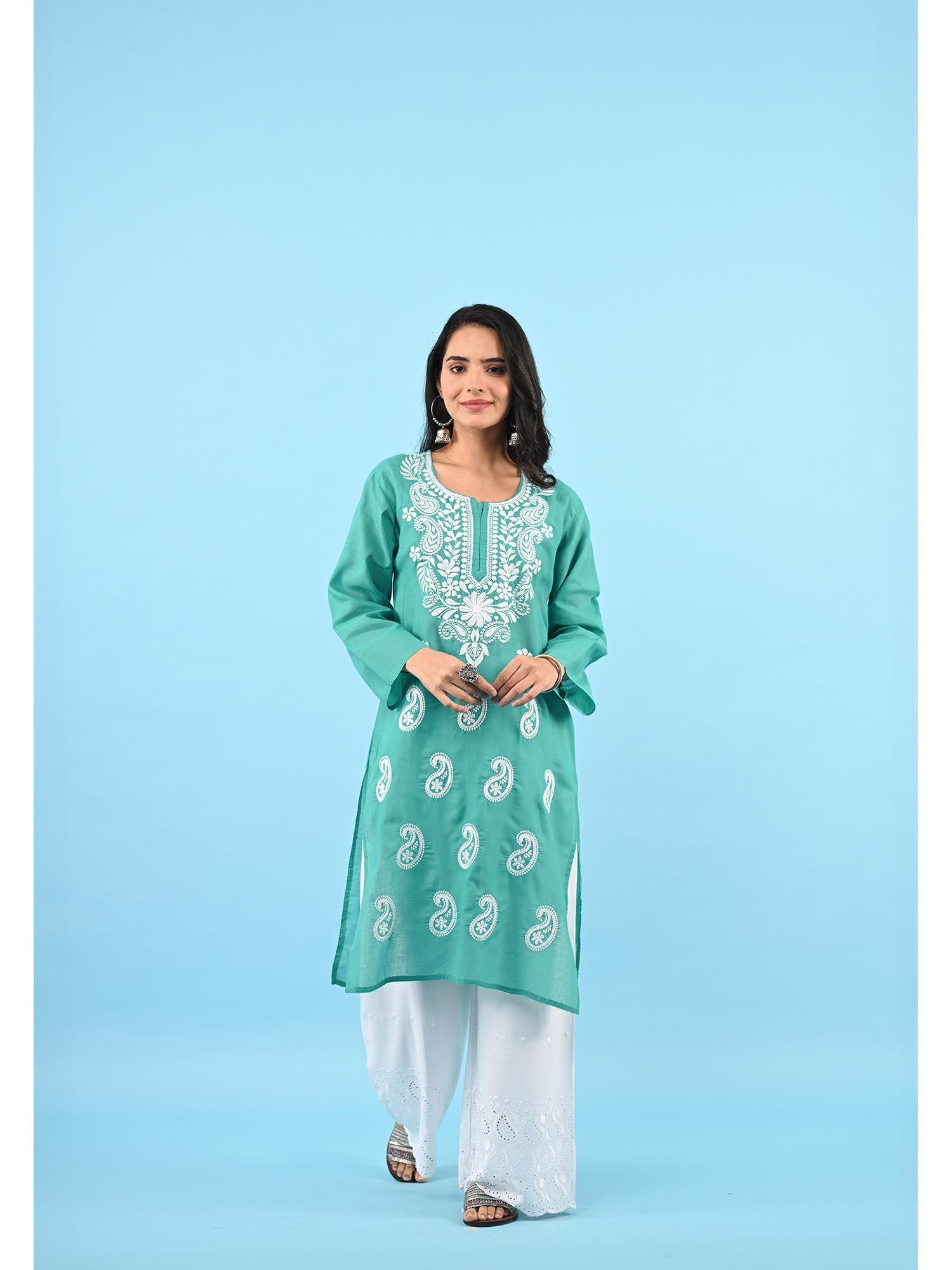 zinia embroidered cotton straight kurta green