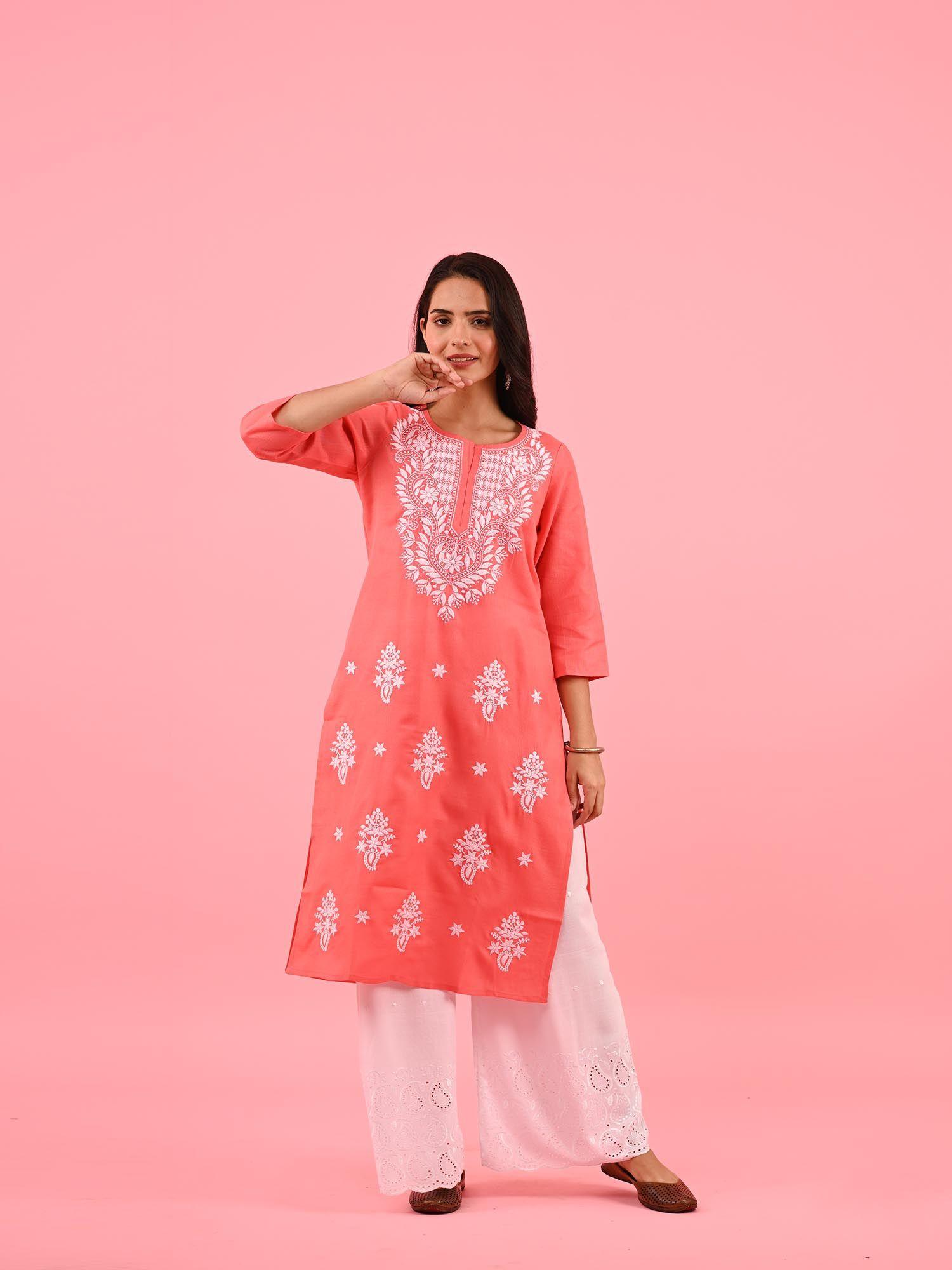 zinia embroidered cotton straight kurta peach