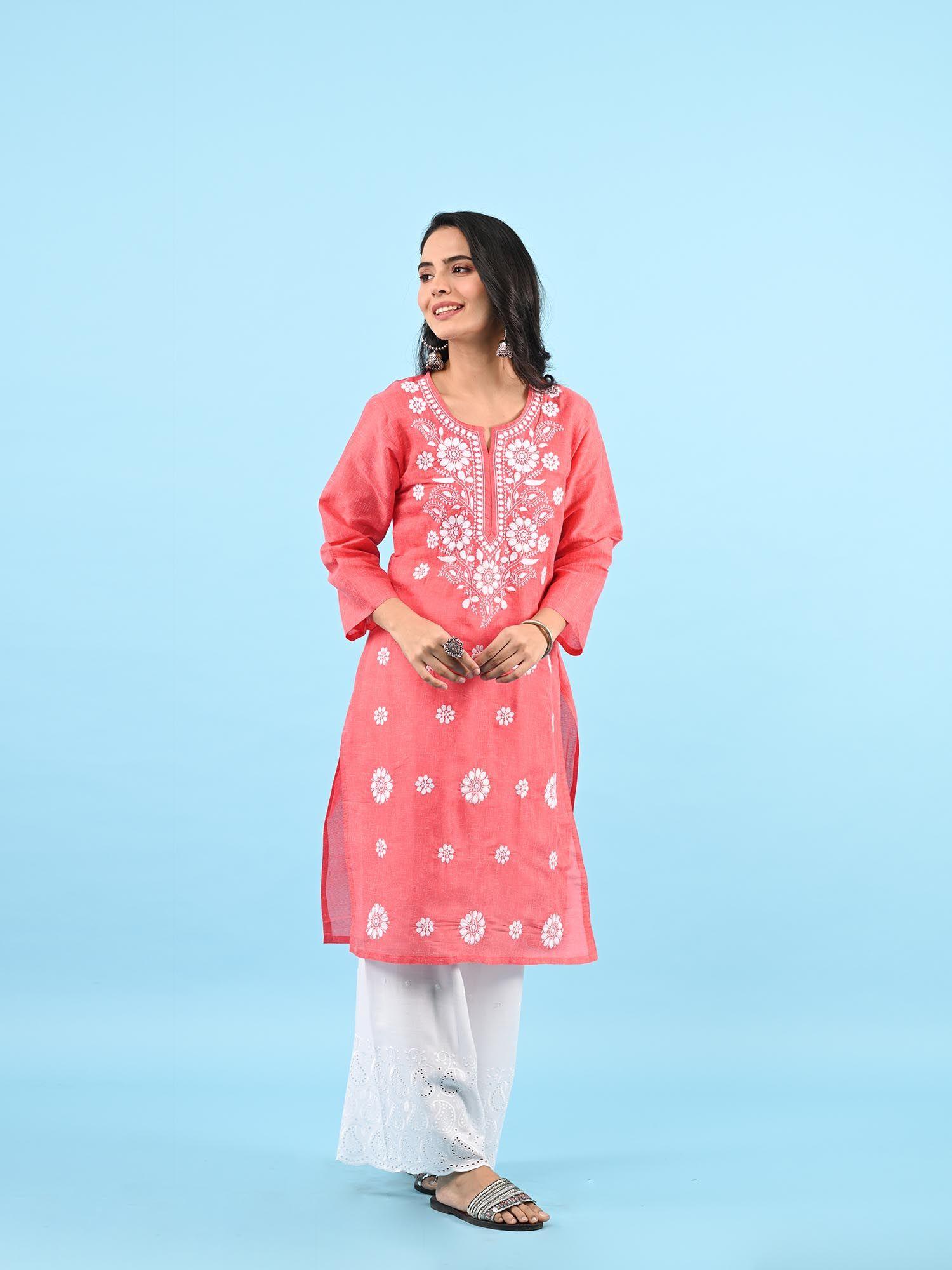 zinia embroidered cotton straight kurta pink