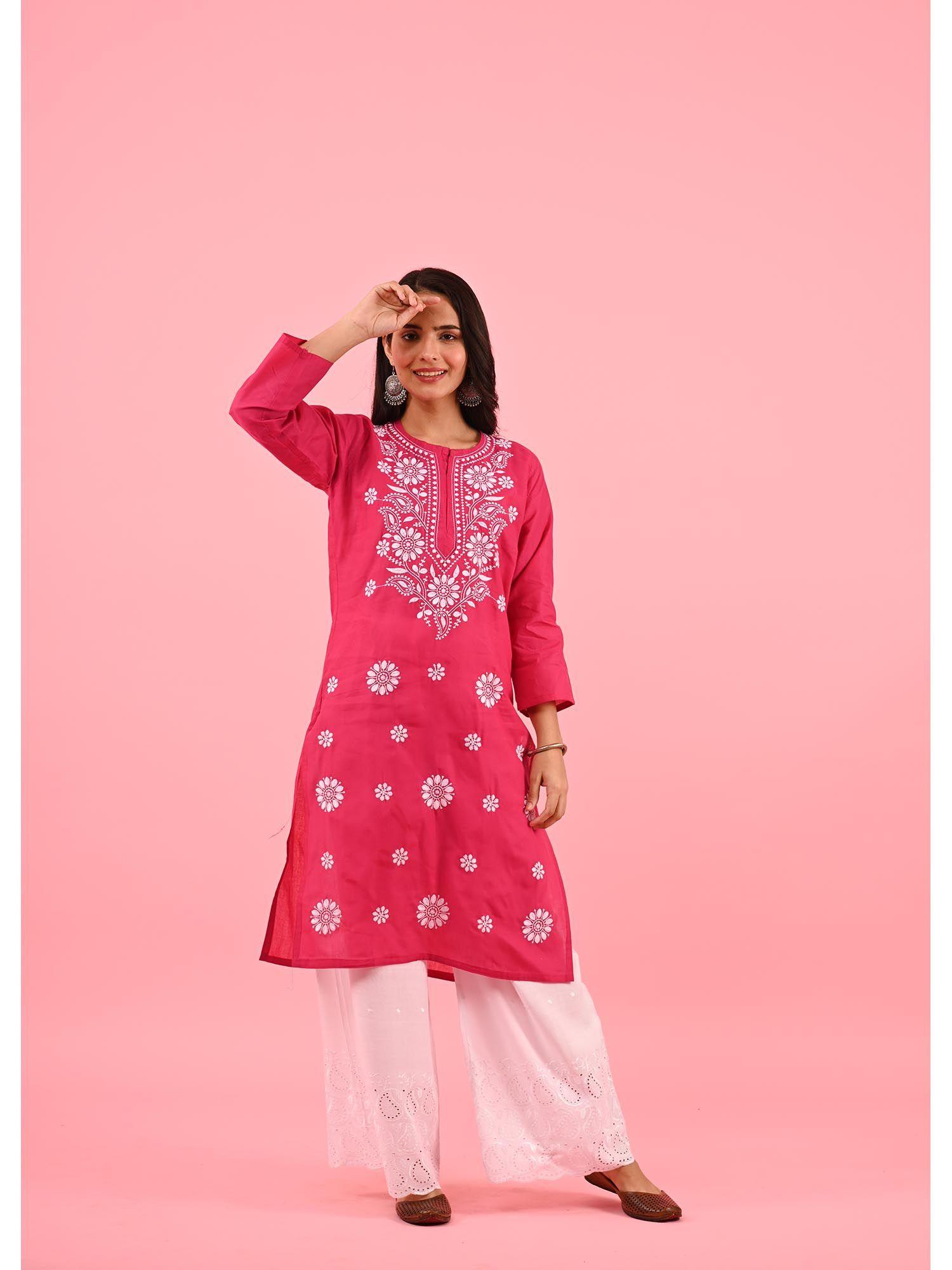 zinia embroidered cotton straight kurta pink