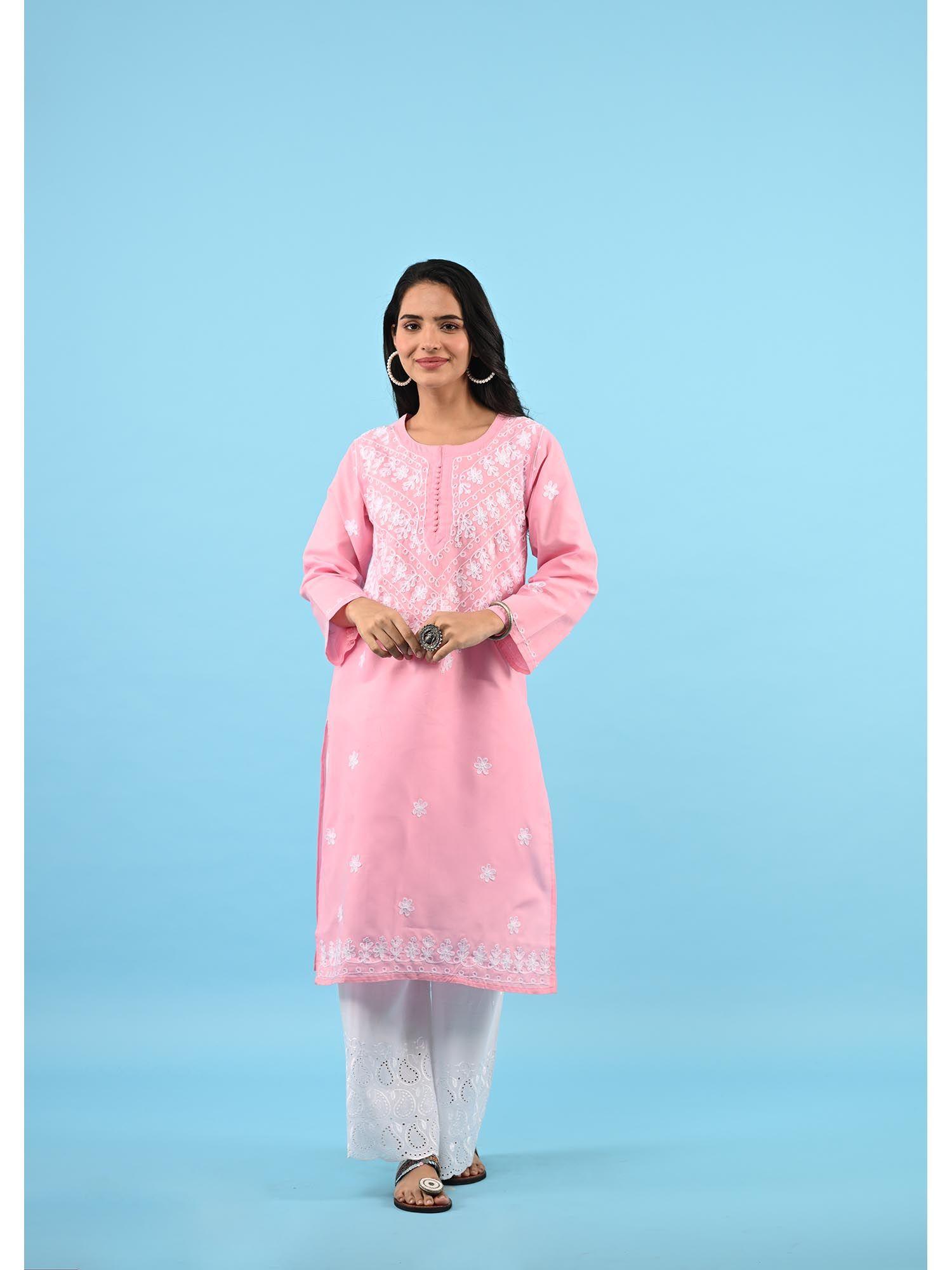 zinia embroidered cotton straight kurta pink