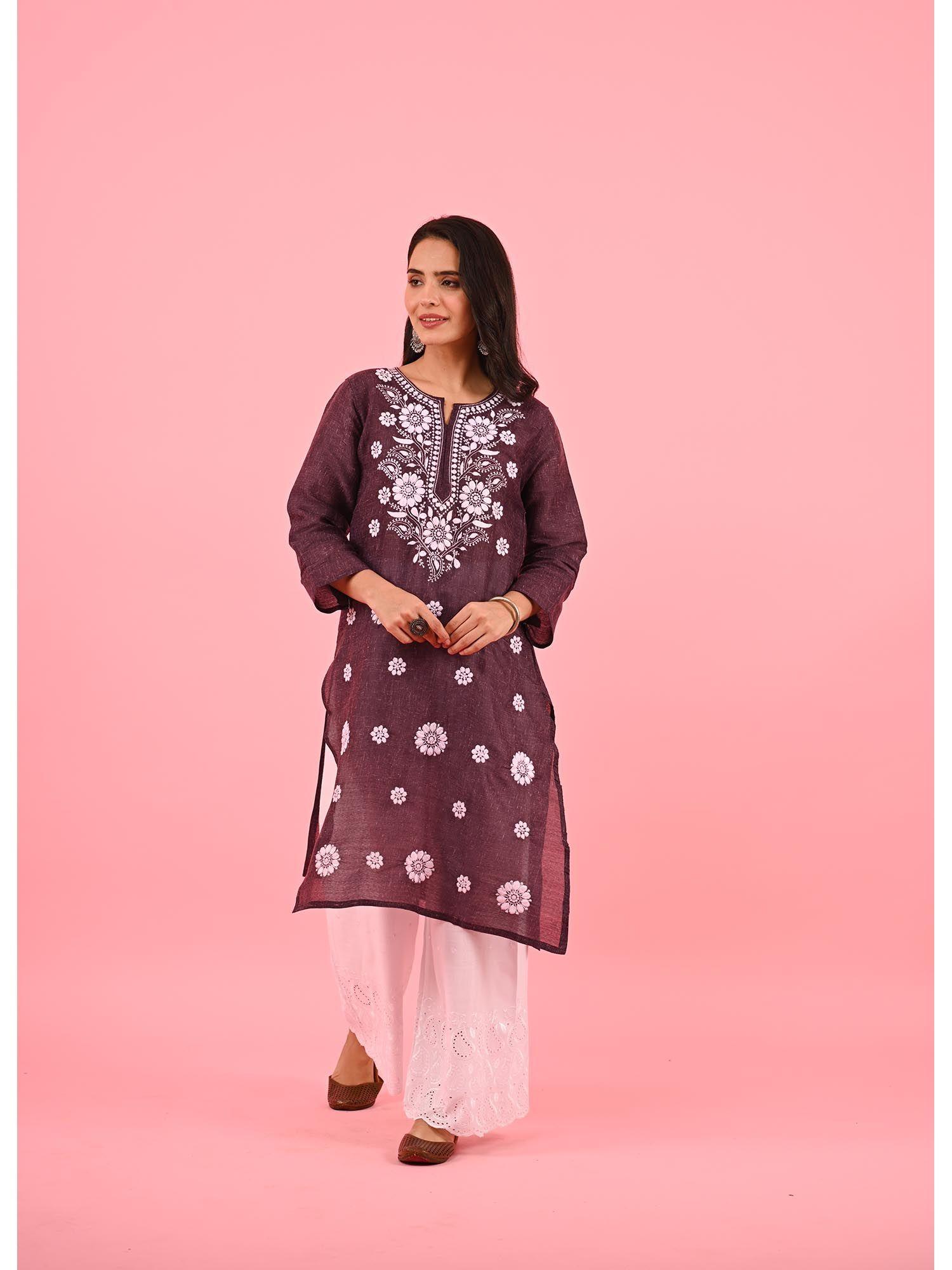 zinia embroidered cotton straight kurta purple