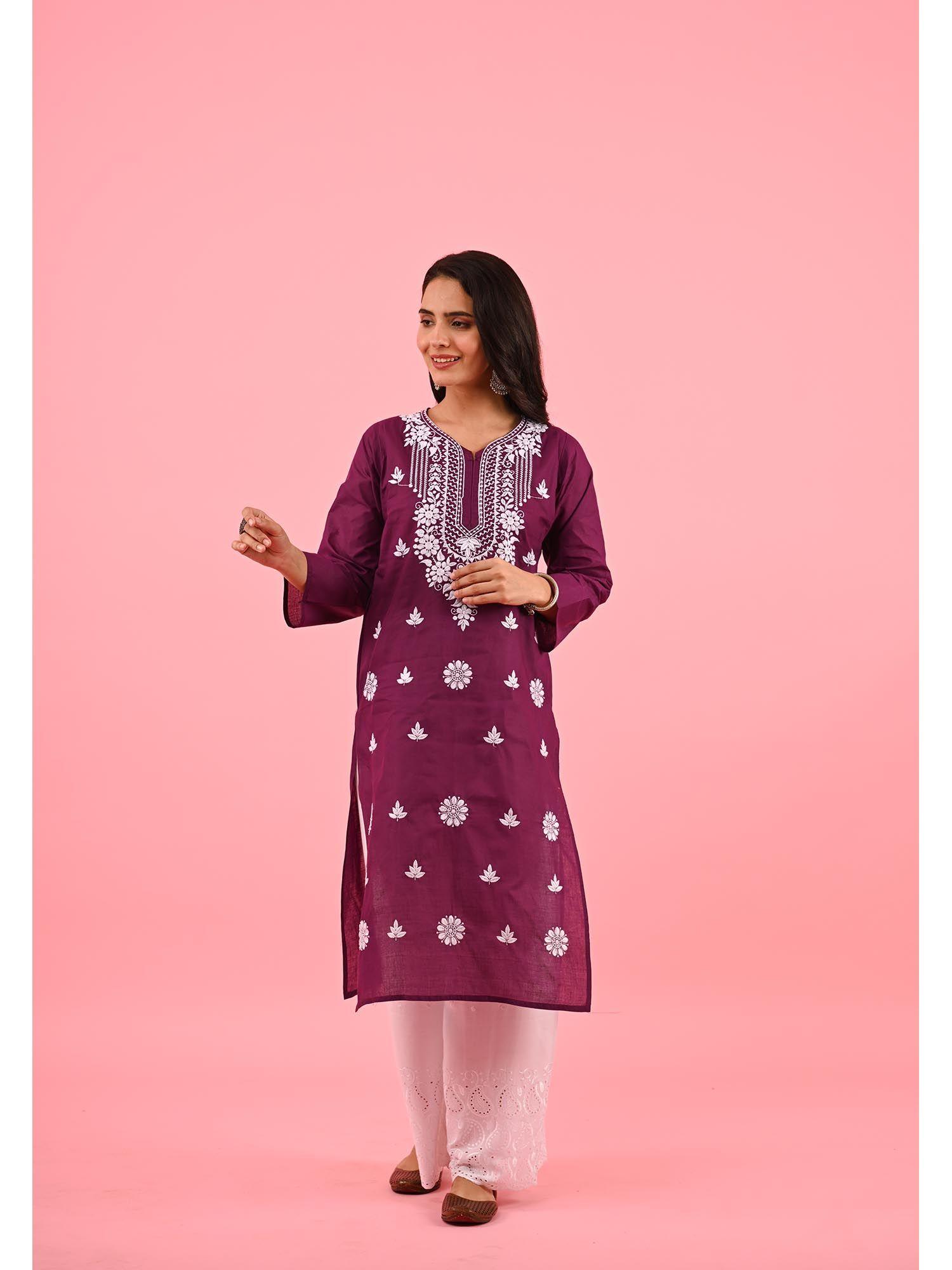 zinia embroidered cotton straight kurta purple