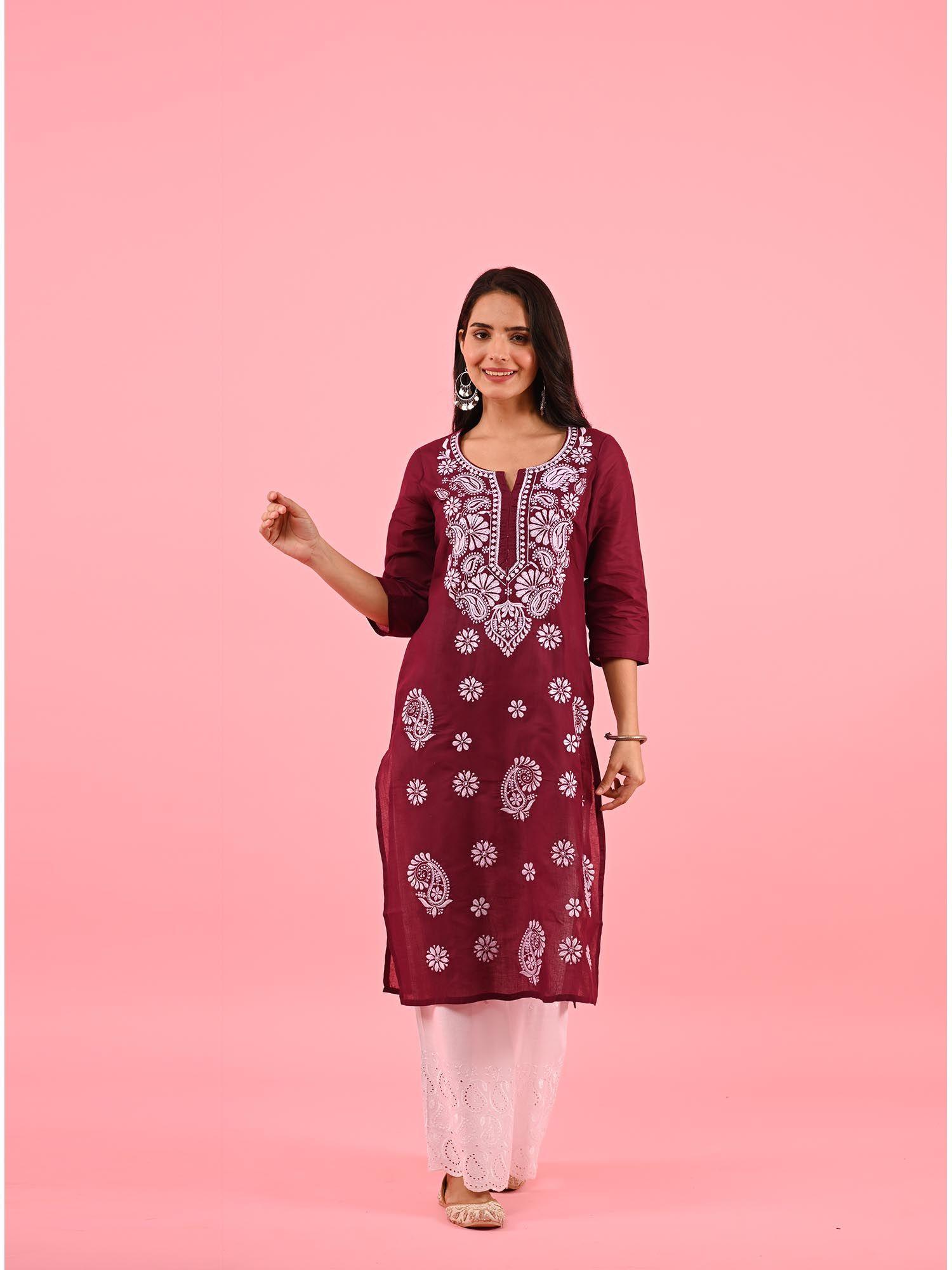 zinia embroidered cotton straight kurta purple