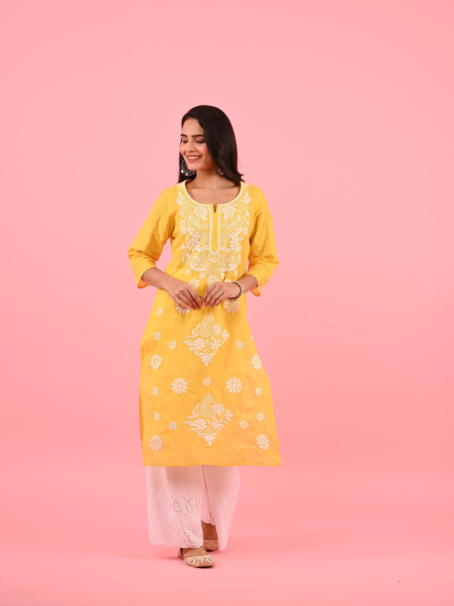 zinia embroidered cotton straight kurta yellow