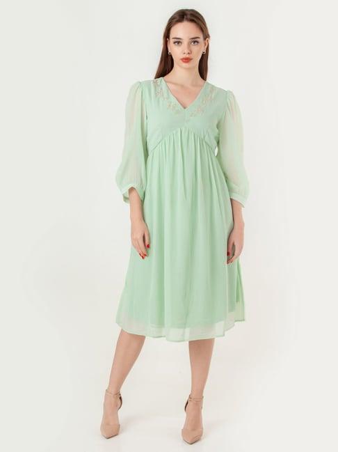 zink london green embroidered a-line dress
