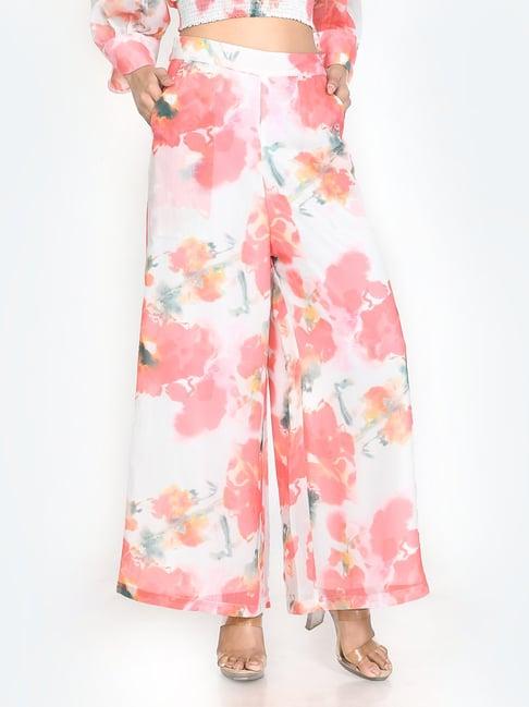 zink london white & coral floral print trousers