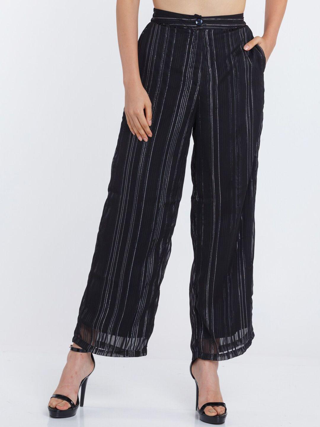 zink london women black striped straight fit high-rise pleated trousers