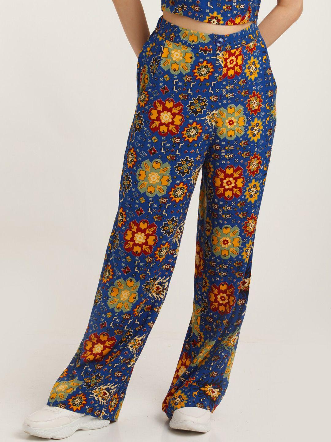 zink london women blue floral printed loose fit high-rise trousers