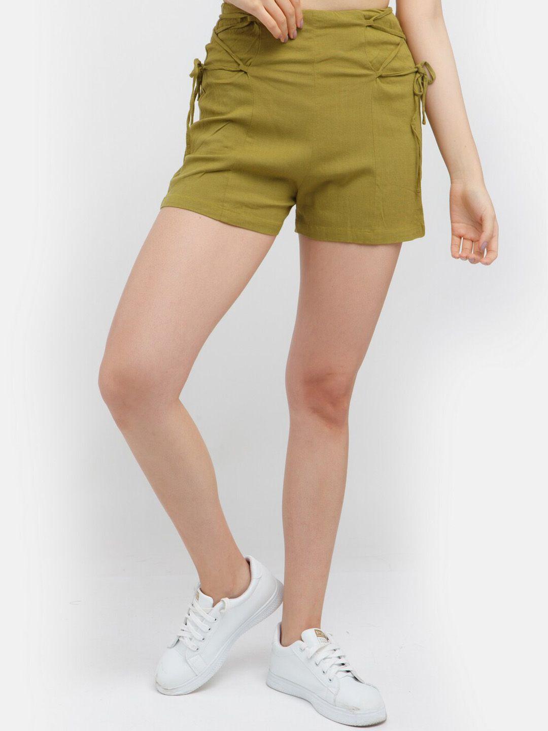 zink london women green solid slim fit high-rise shorts