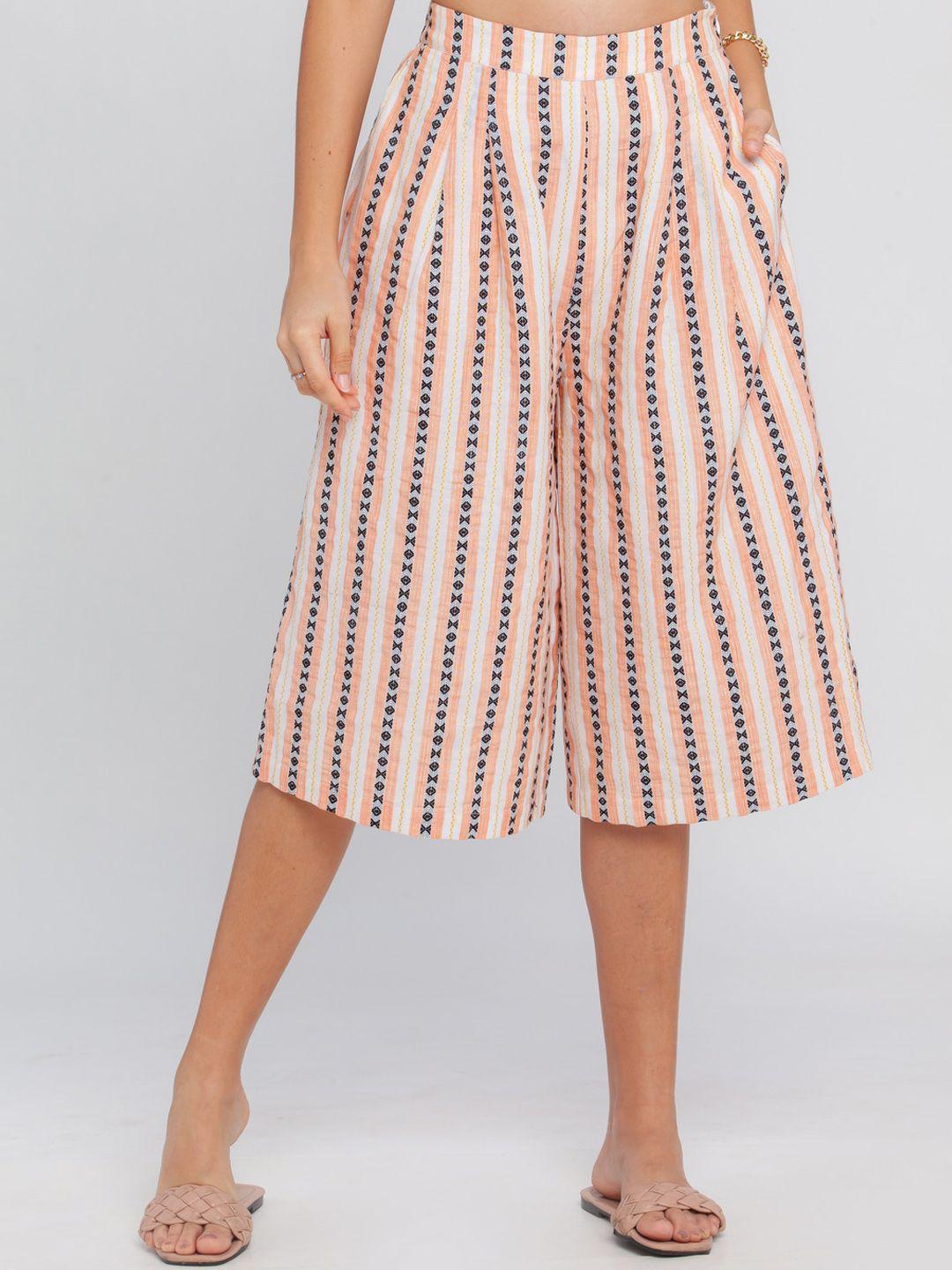 zink london women peach-coloured striped loose fit high-rise culottes trousers