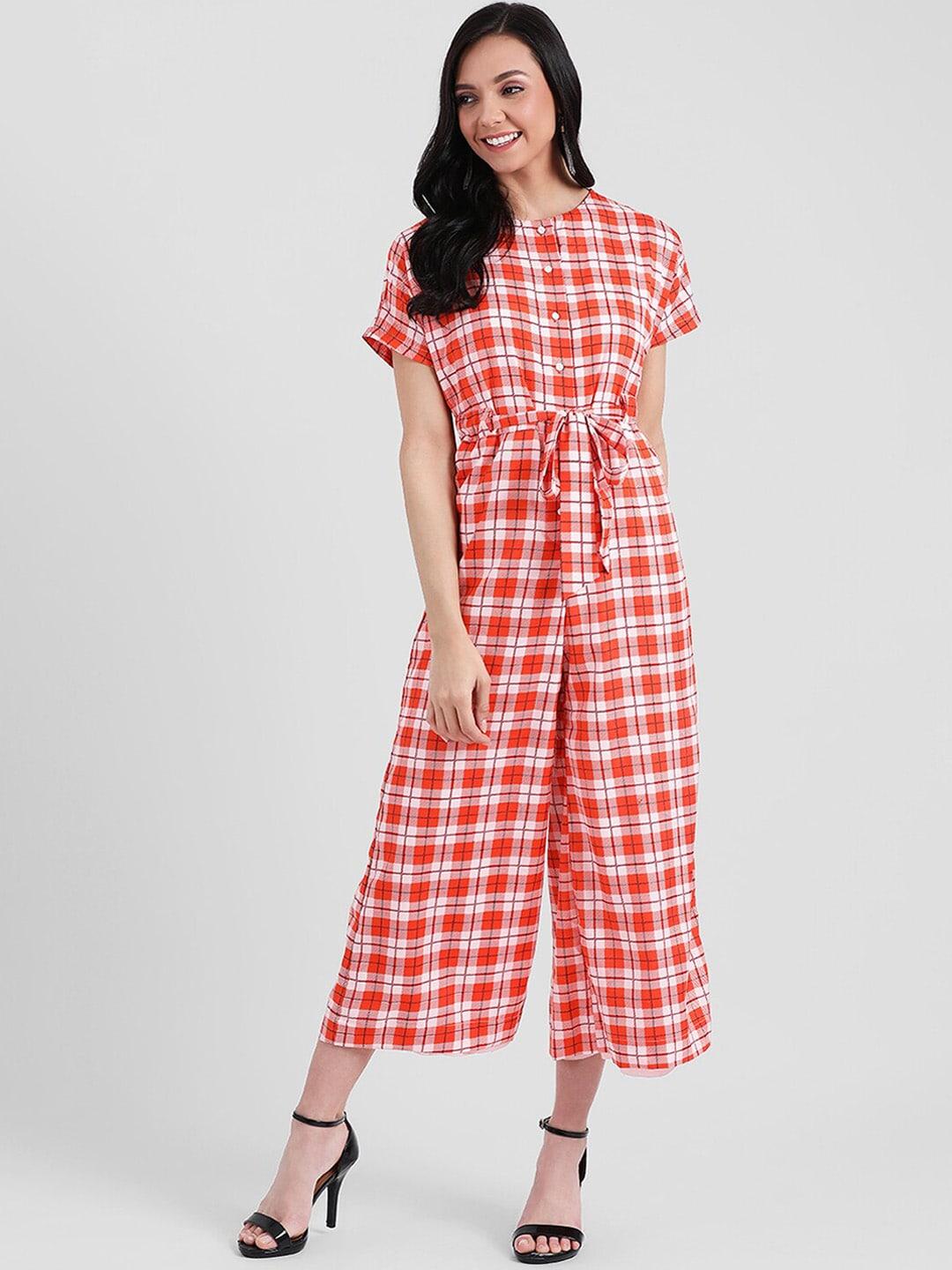 zink london women red & white checked basic jumpsuit