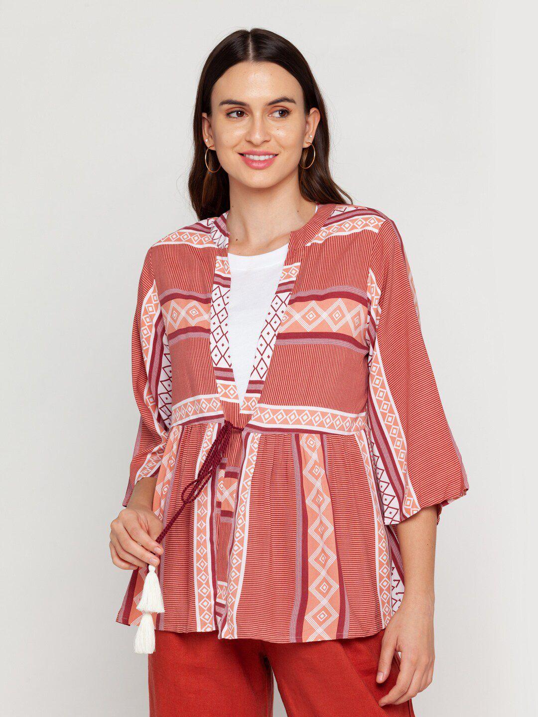 zink london women red & white printed tie-up shrug