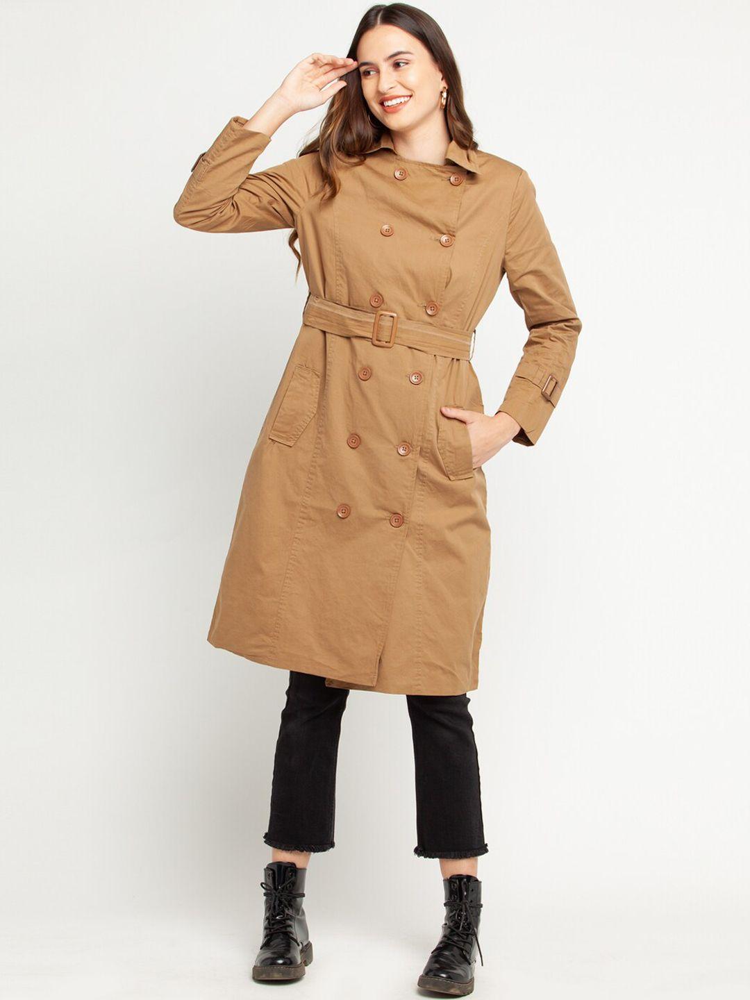 zink london women tan brown coloured knee length pure cotton trench coat