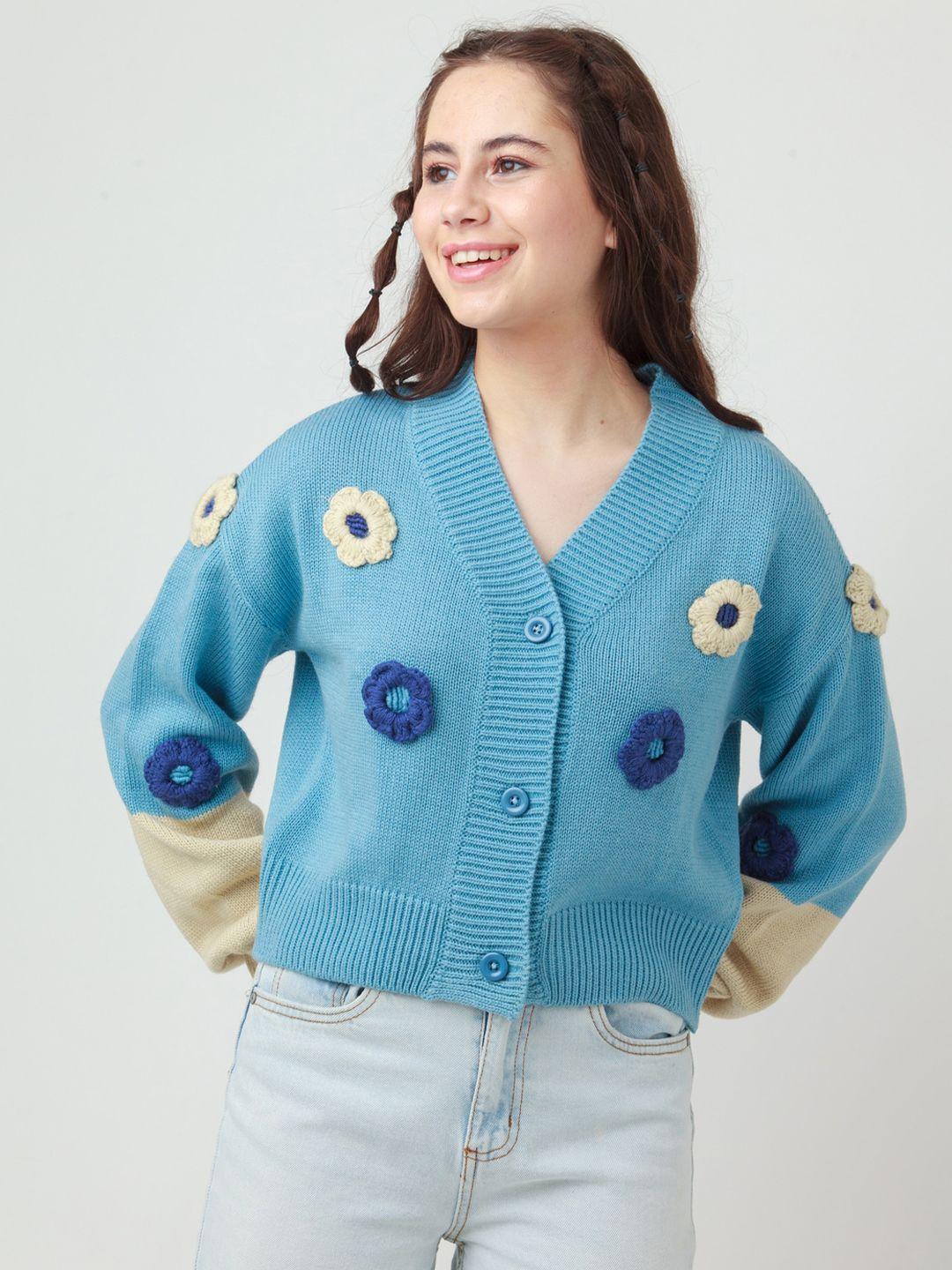 zink z women blue & navy blue floral crop cardigan sweater