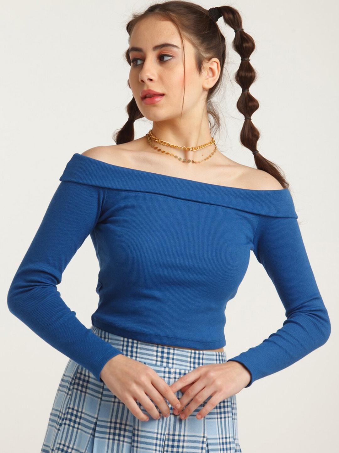 zink z women blue striped off-shoulder bardot crop top
