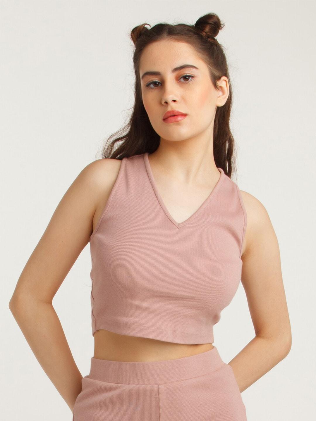 zink z women brown solid fitted pure cotton crop top