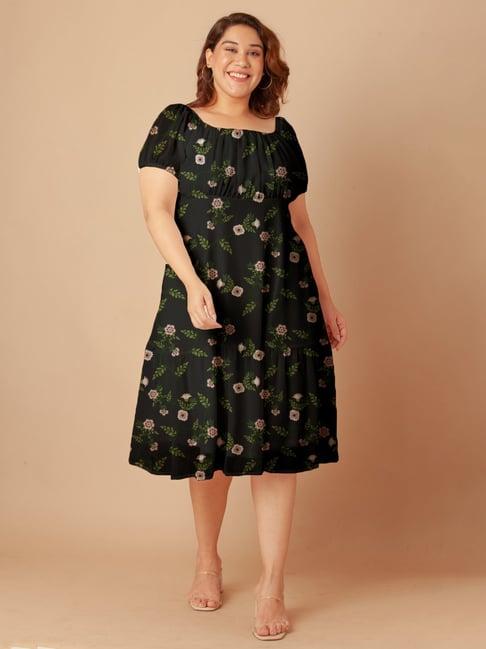 zink london black & green floral print midi dress