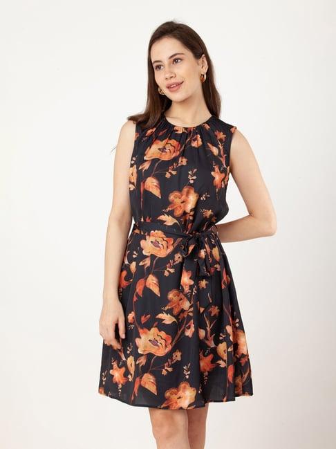 zink london black & orange floral print wrap dress