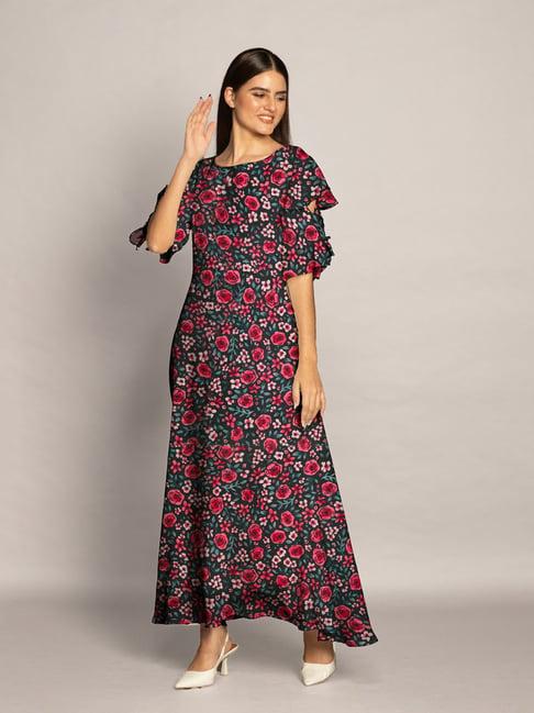 zink london black & pink floral print maxi dress