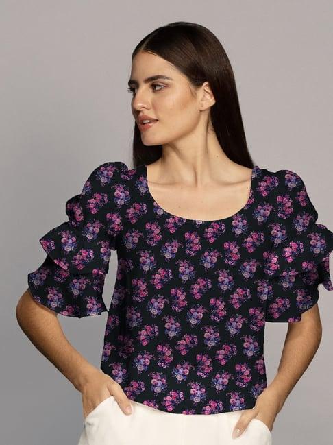 zink london black & pink floral print top