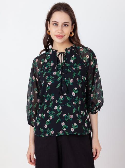 zink london black floral print shirt top