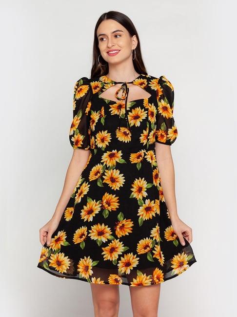 zink london black printed a-line dress