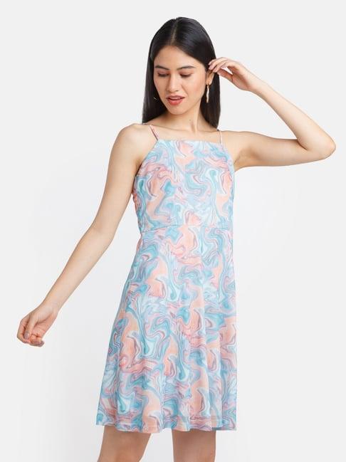 zink london blue & peach printed a-line dress